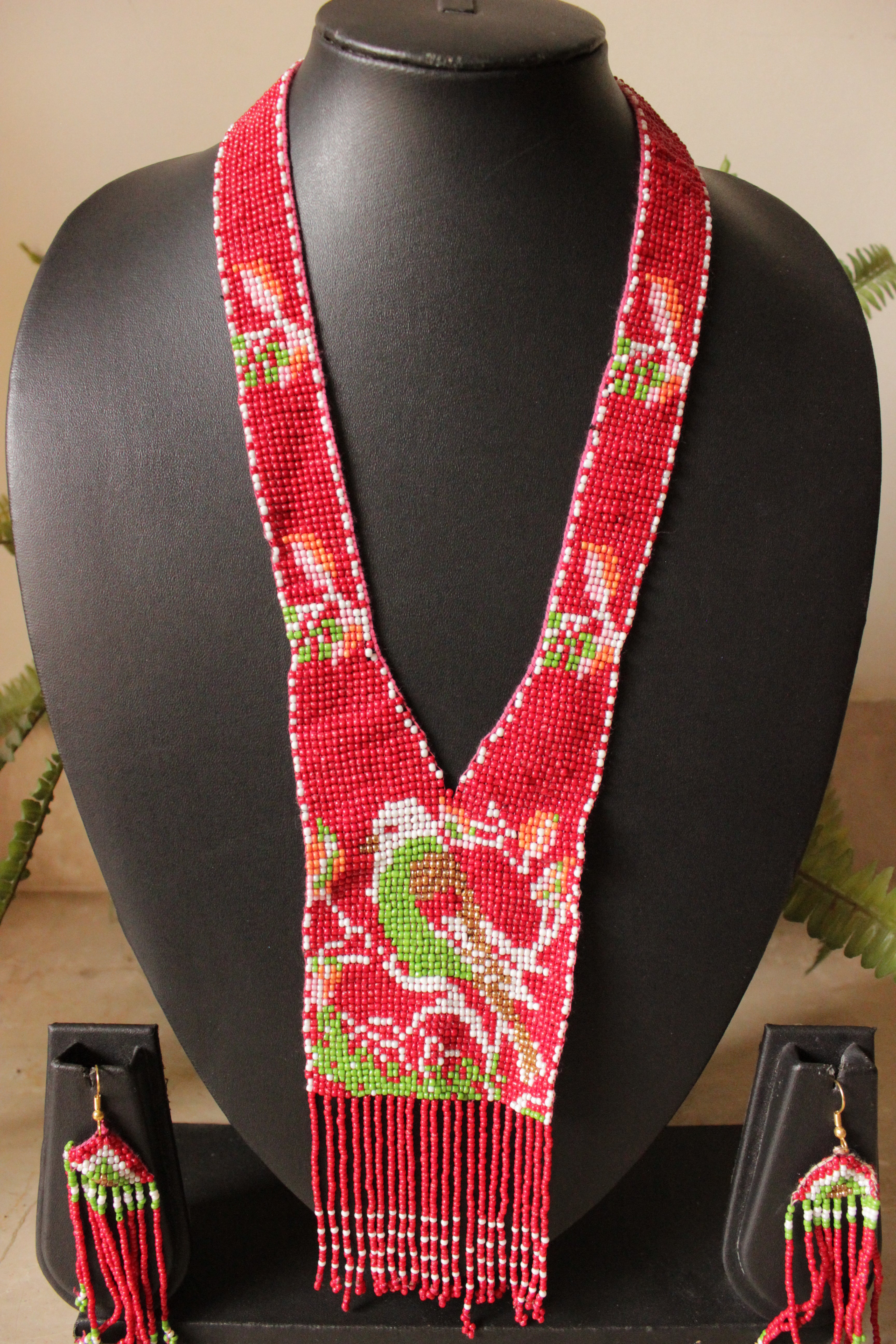 Red and Green Bird Motif Handmade Beaded Long Necklace Set