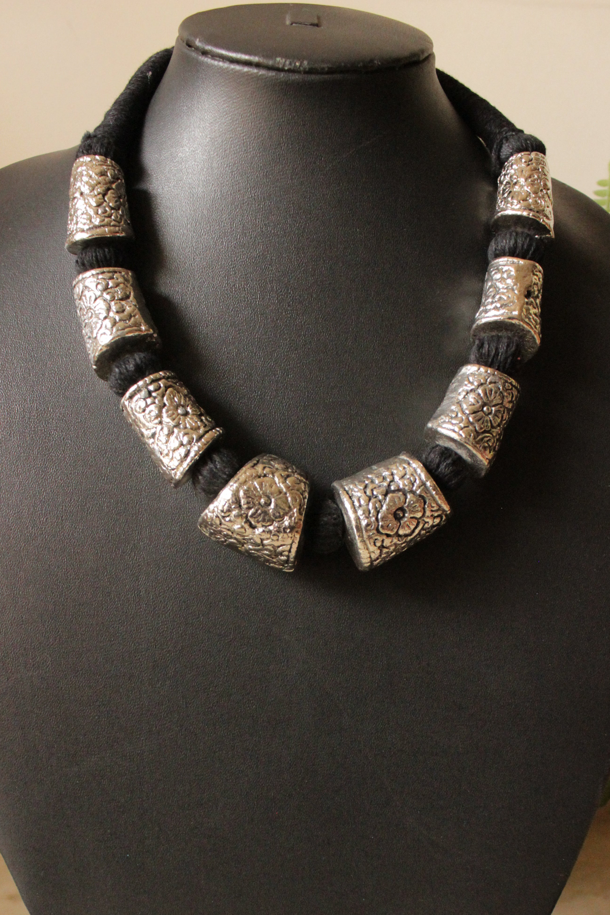 Intricately Detailed Metal Accents Braided with Black Fabric Threads Necklace Set