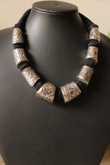 Intricately Detailed Metal Accents Braided with Black Fabric Threads Necklace Set