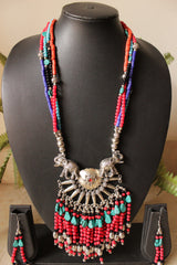 Elephant Motif Metal Pendant and Red and Turquoise Beads Work Handmade Necklace Set