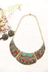 Turquoise, Red and Black Gold Toned Chain Closure Tibetan Necklace Set
