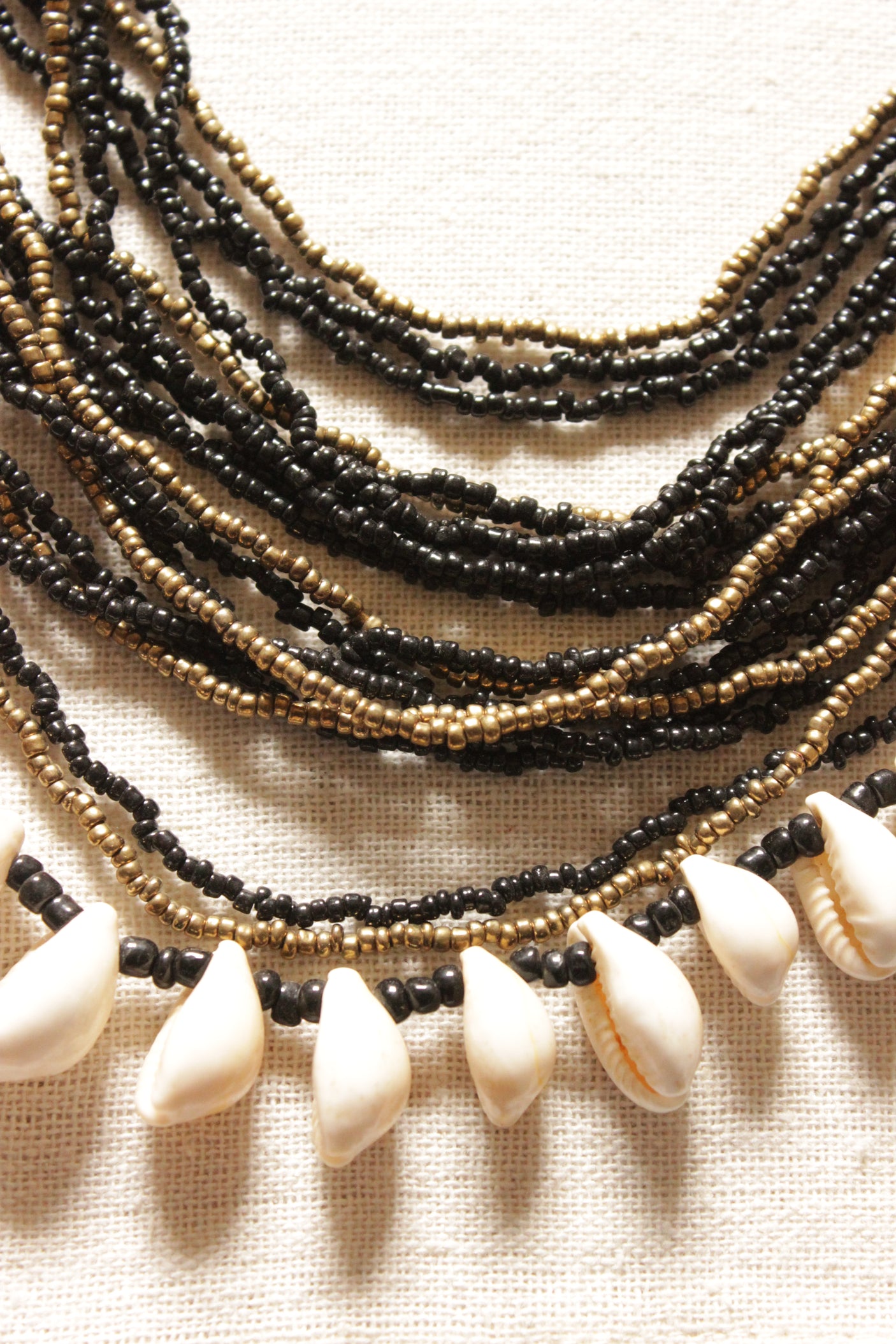 Black and Bronze Beads Multi-Layer Necklace with Shell Detailing