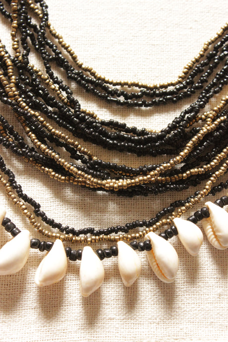 Black and Bronze Beads Multi-Layer Necklace with Shell Detailing