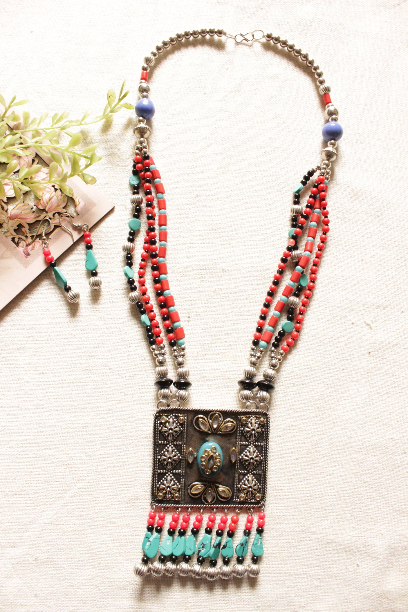 Turquoise and Red Beads Handmade Necklace Set with Rhinestones Detailed Metal Pendant