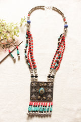 Turquoise and Red Beads Handmade Necklace Set with Rhinestones Detailed Metal Pendant