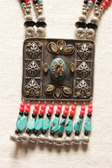 Turquoise and Red Beads Handmade Necklace Set with Rhinestones Detailed Metal Pendant