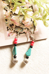 Turquoise and Red Beads Handmade Necklace Set with Rhinestones Detailed Metal Pendant