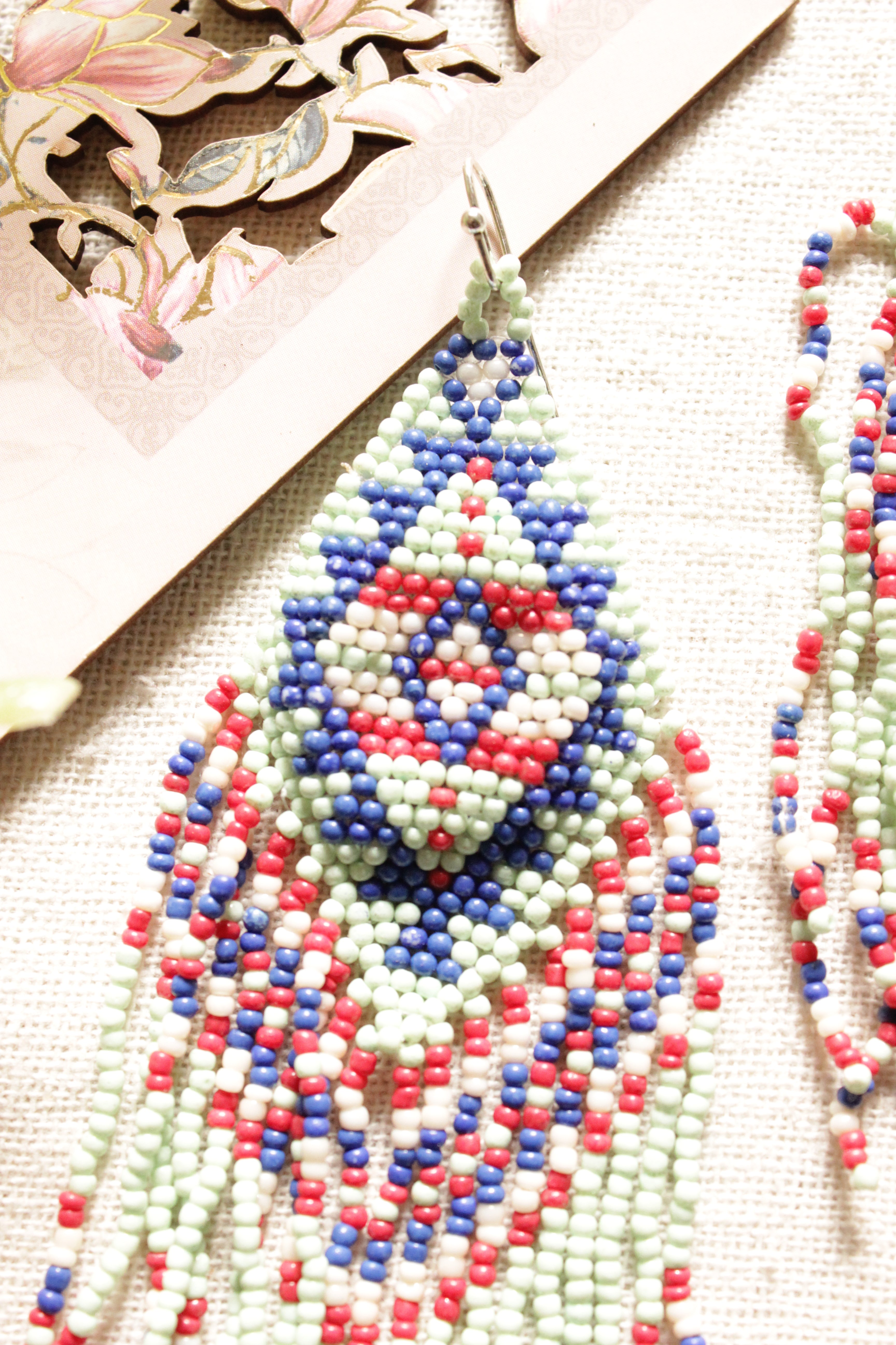 Lime Green,  Red and Blue Beads Hand Braided Dangler Earrings