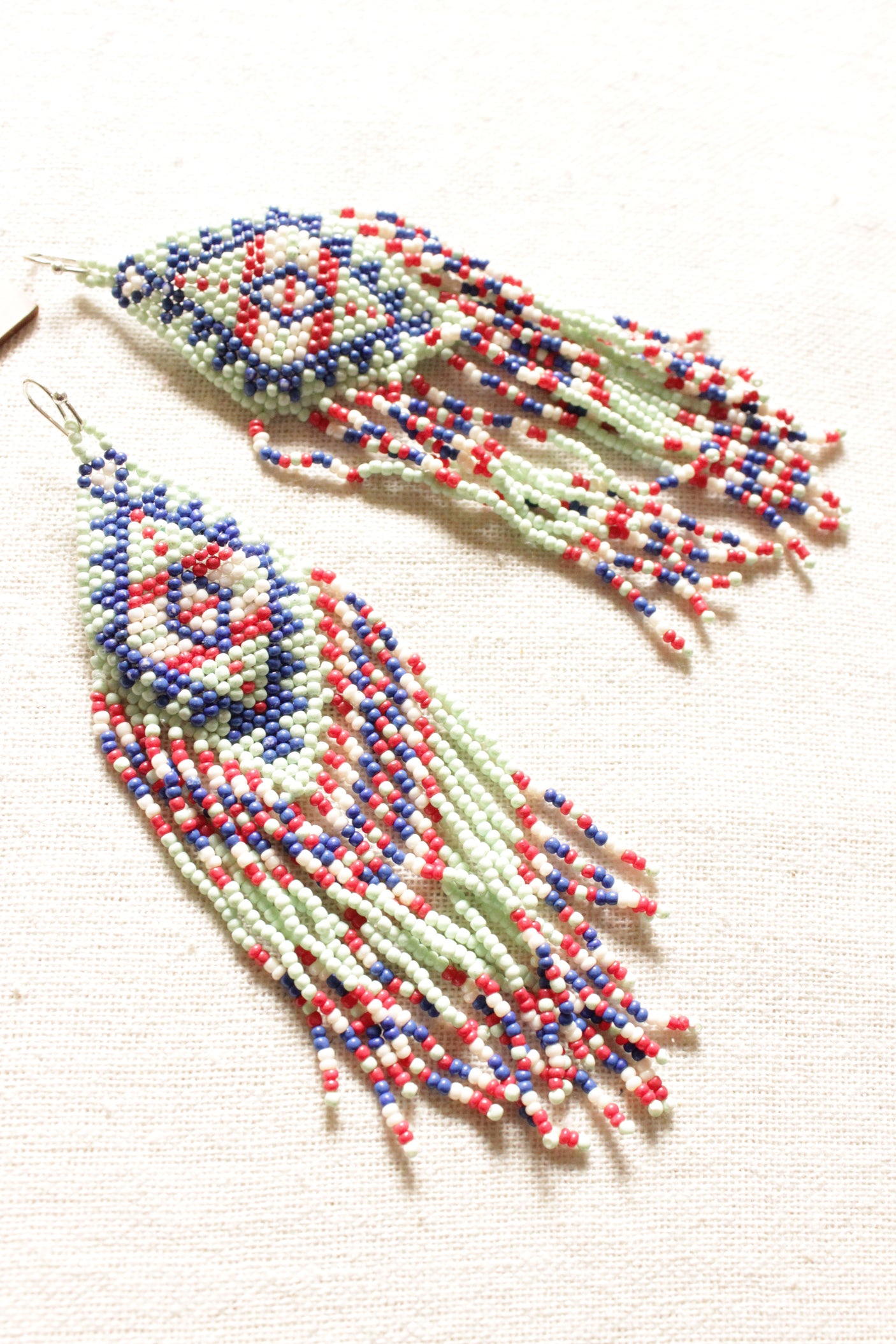 Lime Green,  Red and Blue Beads Hand Braided Dangler Earrings