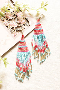 Blue and Shades of Red Beads Hand Braided Dangler Earrings