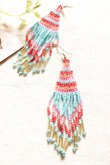Blue and Shades of Red Beads Hand Braided Dangler Earrings