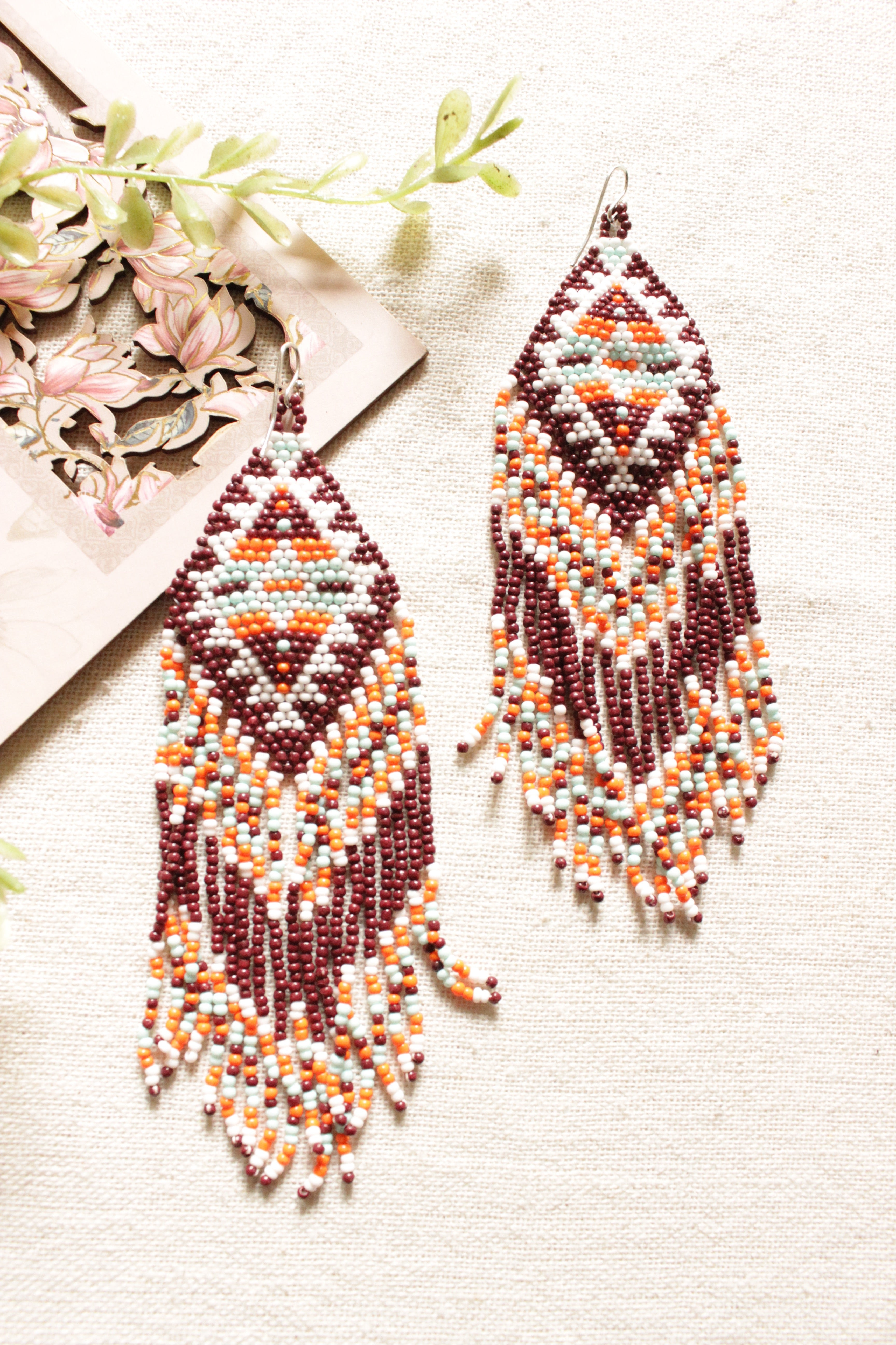 Brown and Multi-Color Beads Hand Braided Dangler Earrings