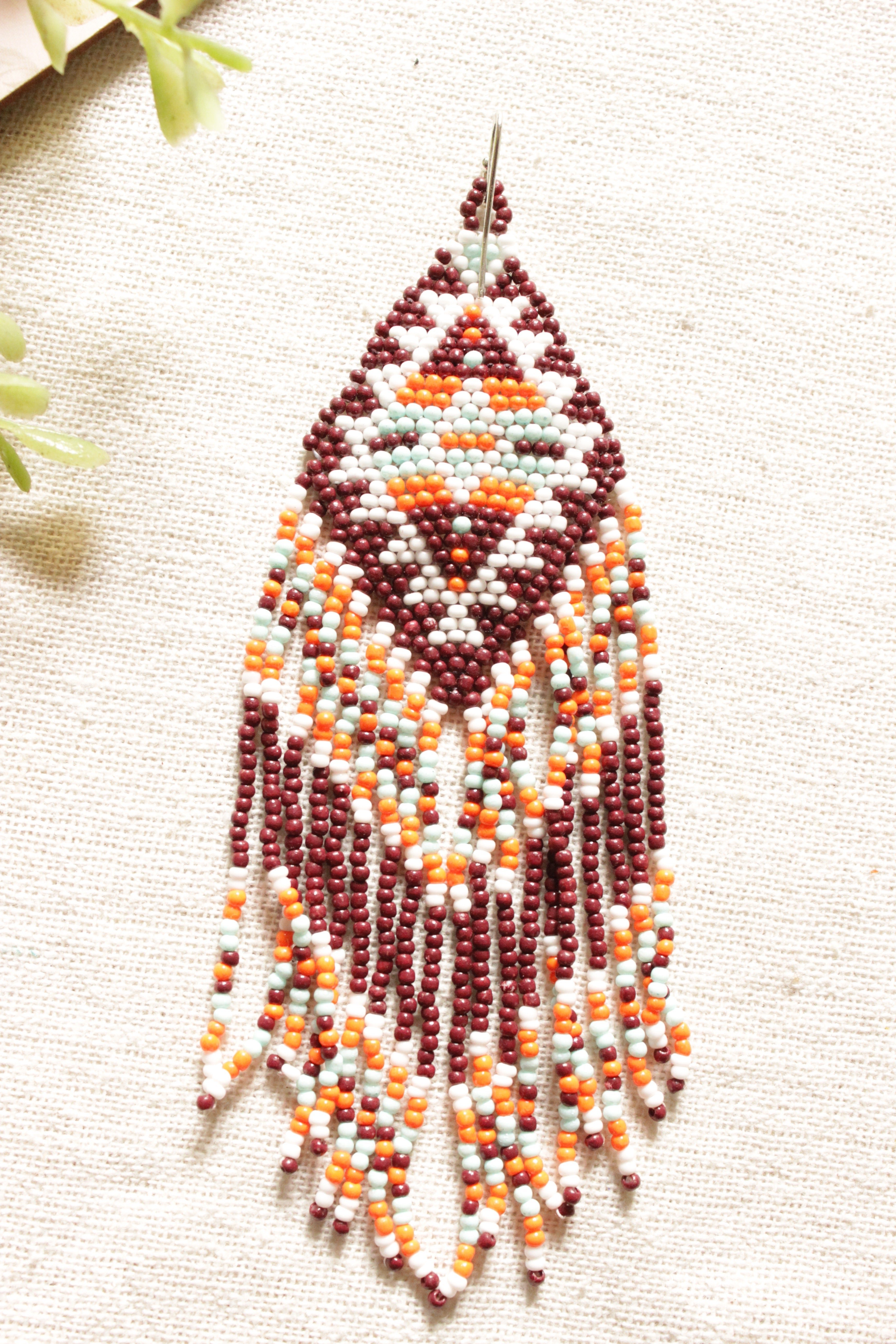 Brown and Multi-Color Beads Hand Braided Dangler Earrings