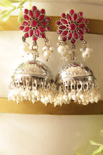 Load image into Gallery viewer, Red Glass Stones Embedded Silver Finish Jhumka Earrings
