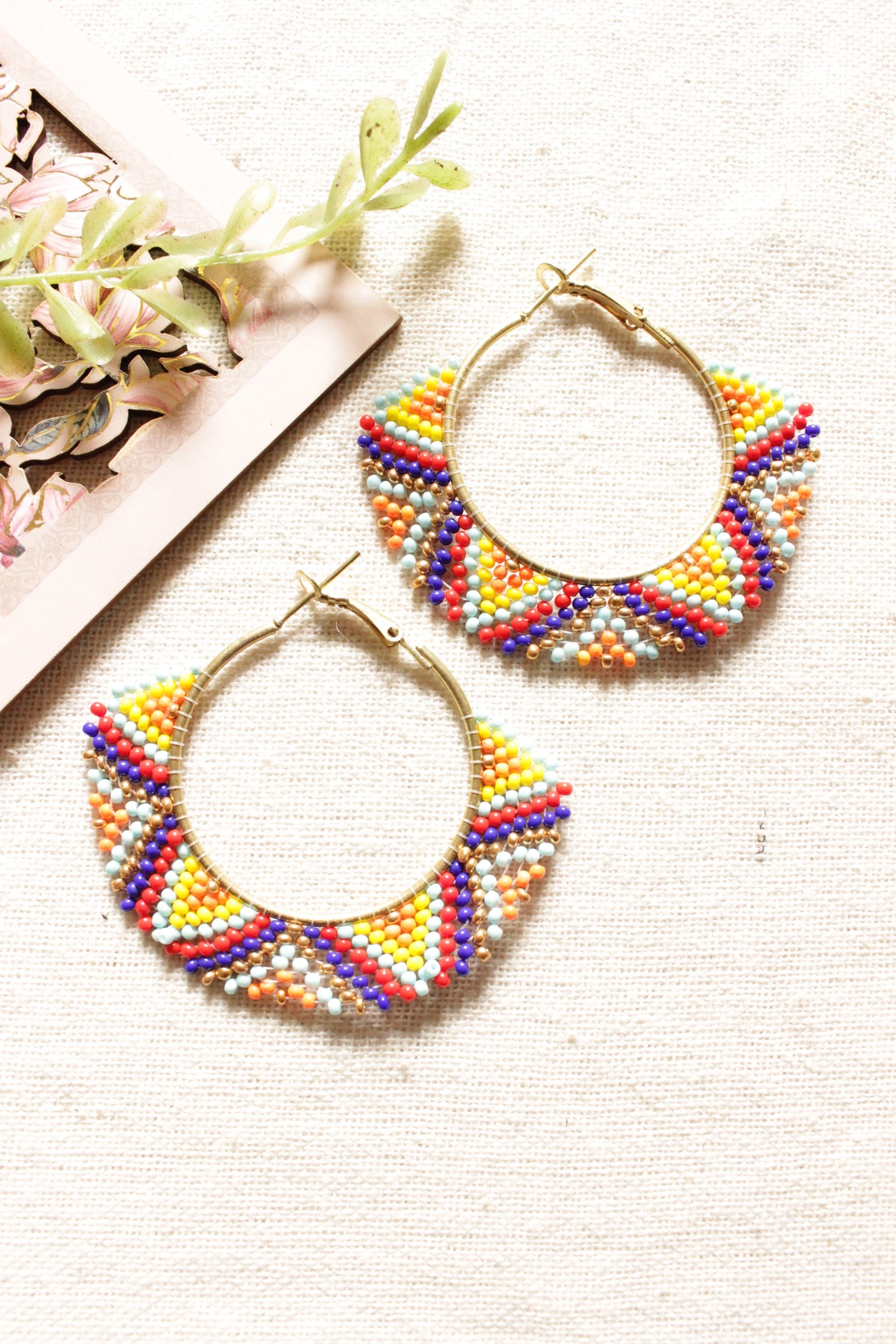 Multi-Color Beads Hand Braided Hoop Earrings