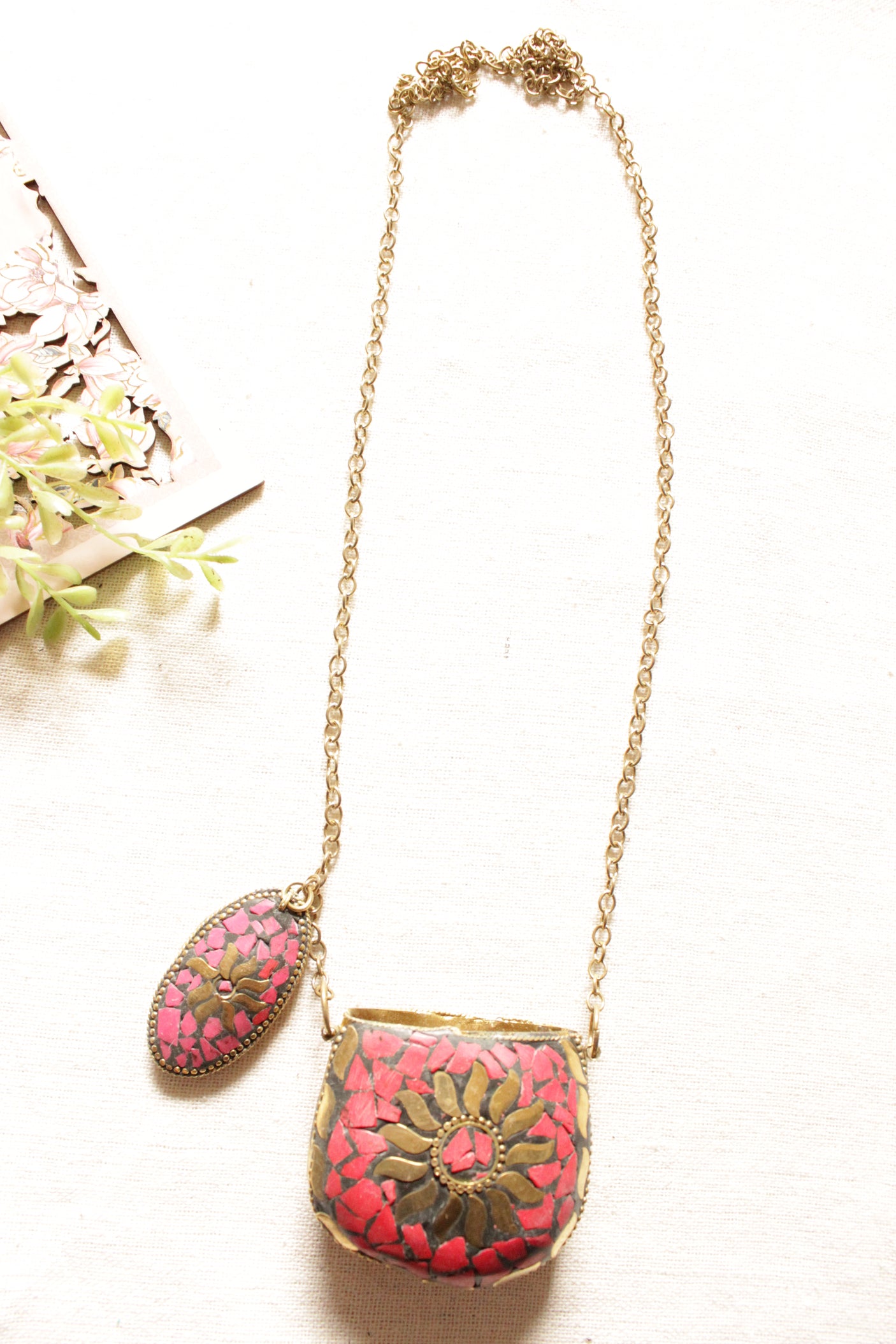 Red and Gold Toned Tibetan Long Chain Necklace with an Openable Coin Box Pendant