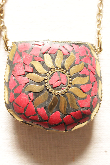 Red and Gold Toned Tibetan Long Chain Necklace with an Openable Coin Box Pendant