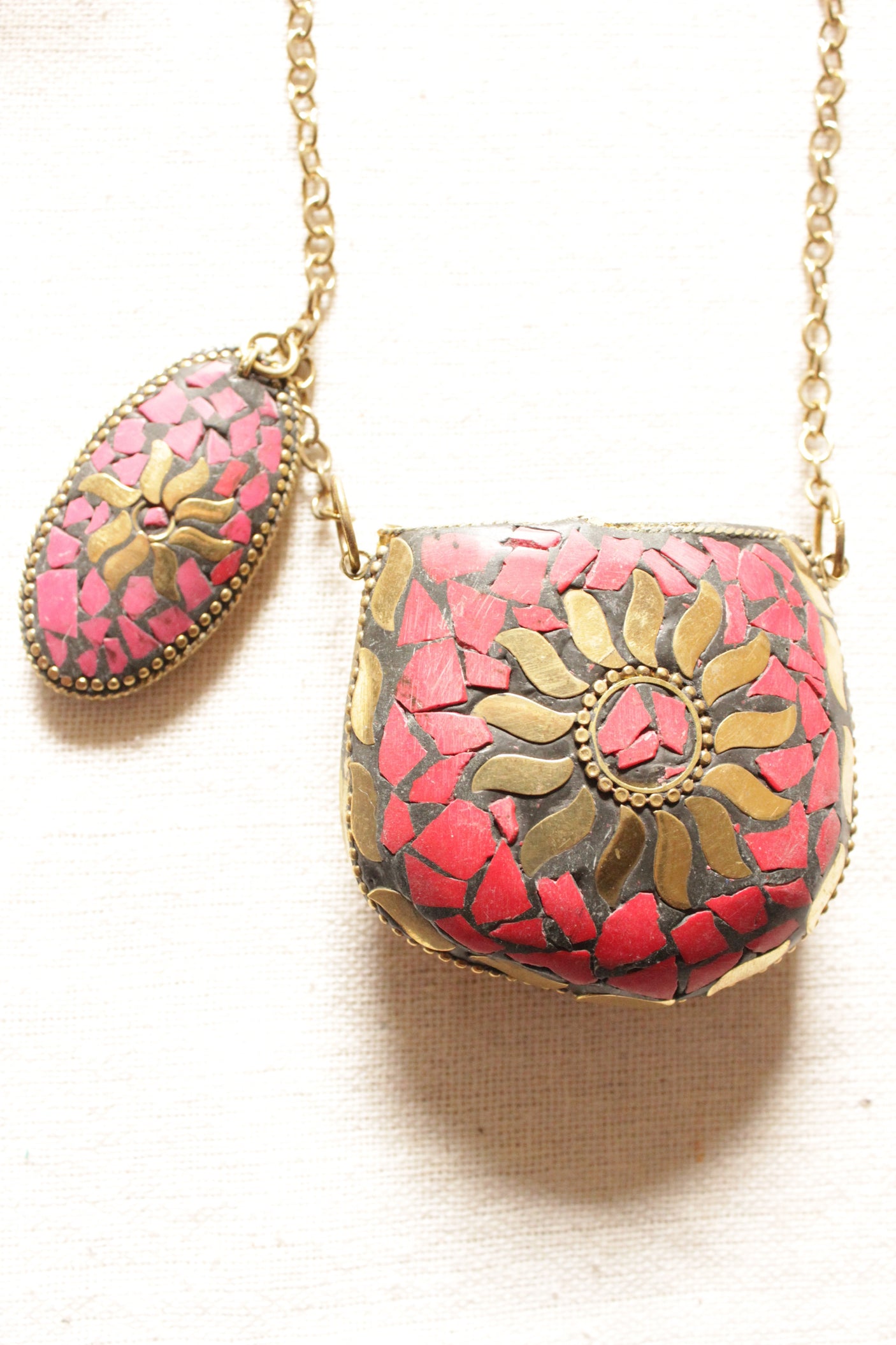 Red and Gold Toned Tibetan Long Chain Necklace with an Openable Coin Box Pendant