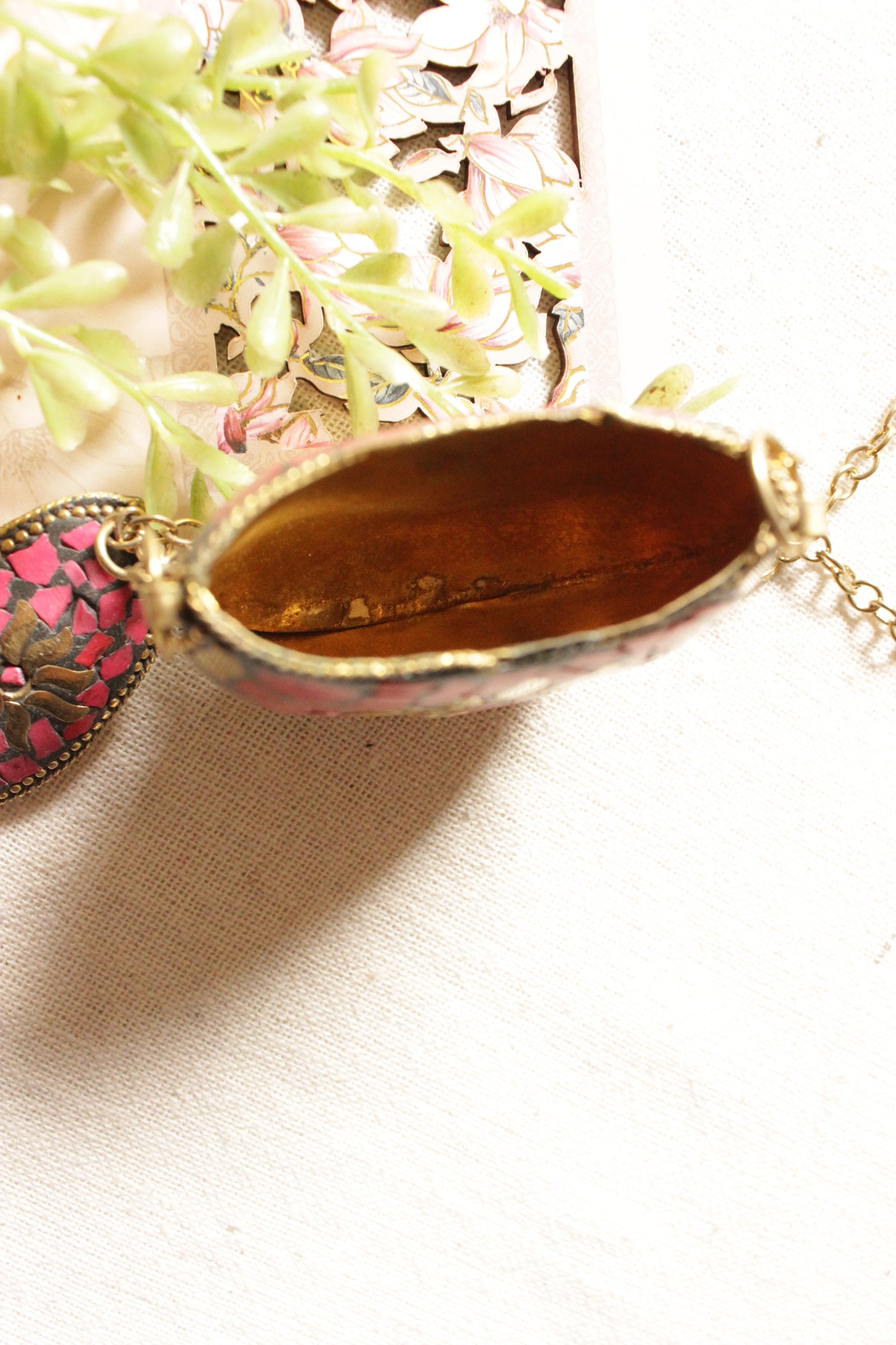 Red and Gold Toned Tibetan Long Chain Necklace with an Openable Coin Box Pendant