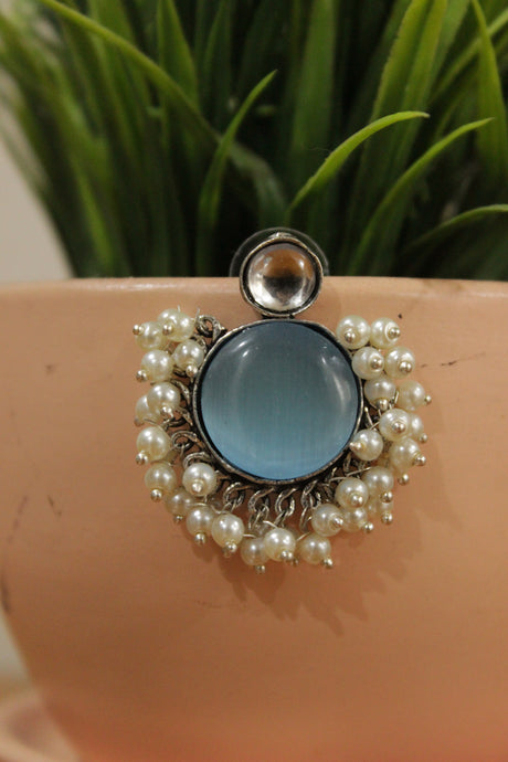 Blue Glass Stone Embedded Oxidised Finish Circular Brass Earrings Embellished with White Beads