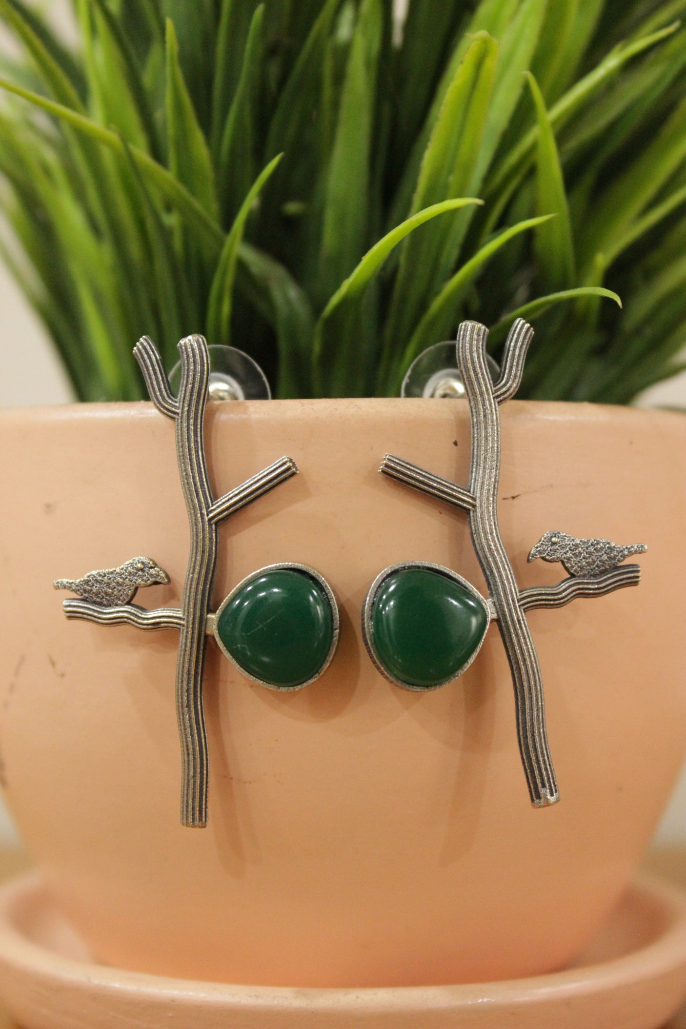 Bird on a Brach Bottle Green Glass Stone Embedded Oxidised Finish Brass Earrings