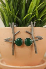 Bird on a Brach Bottle Green Glass Stone Embedded Oxidised Finish Brass Earrings