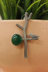 Bird on a Brach Bottle Green Glass Stone Embedded Oxidised Finish Brass Earrings