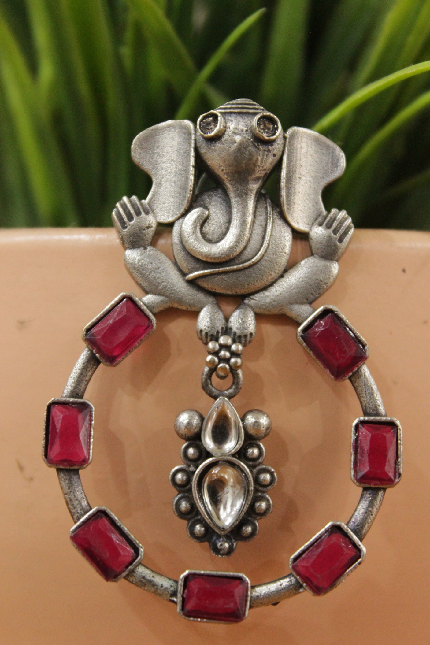 Lord Ganesha Motif Red Glass Stones Embedded Oxidised Finish Brass Earrrings