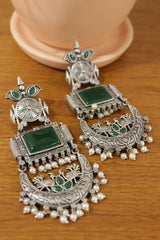 Intricately Detailed Dancing Peacock Dangler Earrings with Green Glass Stones Embedded