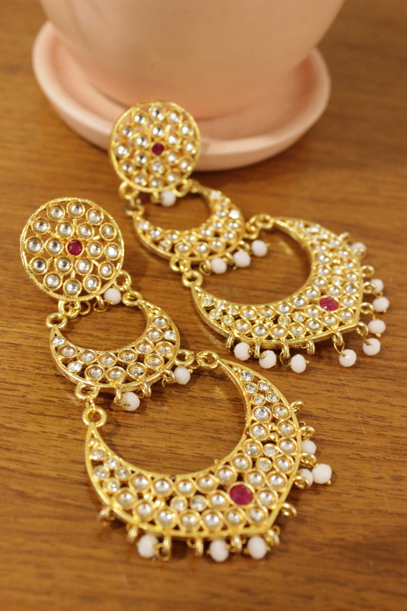 Rhinestones Embedded Gold Toned 3 Layer Dangler Earrings