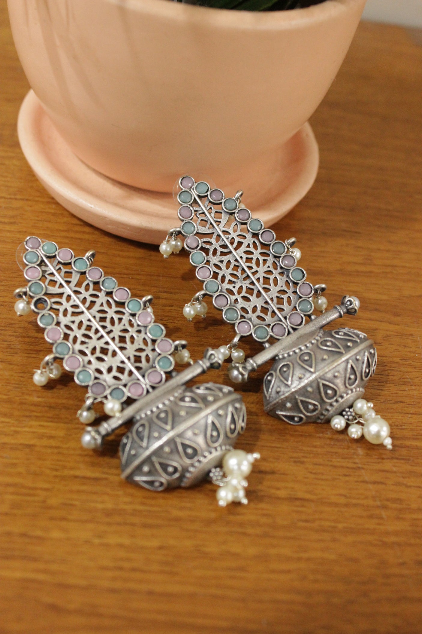 Turquoise and Pink Glass Stones Embedded Oxidised Finish Brass Dangler Earrings