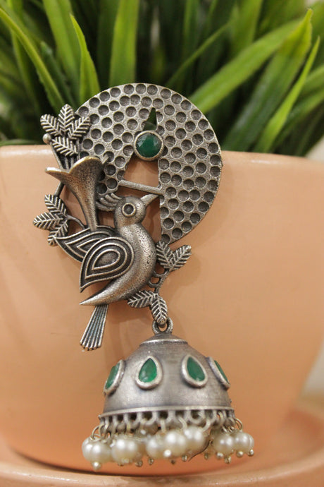 Oxidised Finish Woodpecker Brass Jhumka Earrings