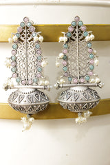 Turquoise and Pink Glass Stones Embedded Oxidised Finish Brass Dangler Earrings