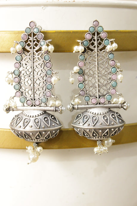 Turquoise and Pink Glass Stones Embedded Oxidised Finish Brass Dangler Earrings