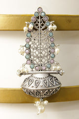 Turquoise and Pink Glass Stones Embedded Oxidised Finish Brass Dangler Earrings