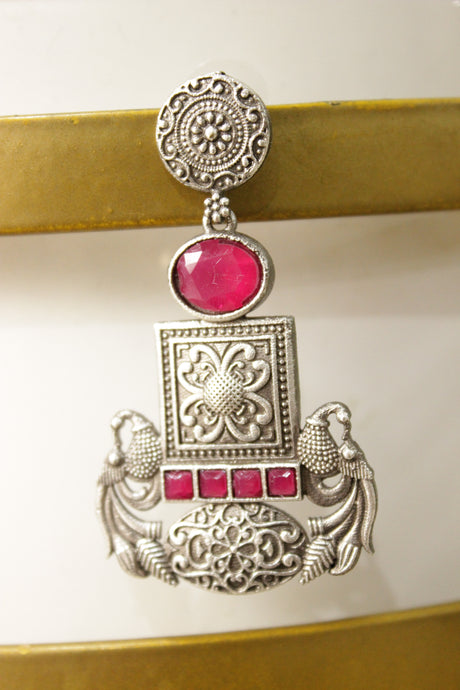 Fuchsia Glass Stones Embedded Oxidised Finish Brass Dangler Earrings