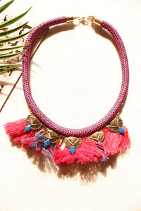 Braided Fabric Threads, Pom Pom and Metal Charms Handmade Boho Choker Necklace