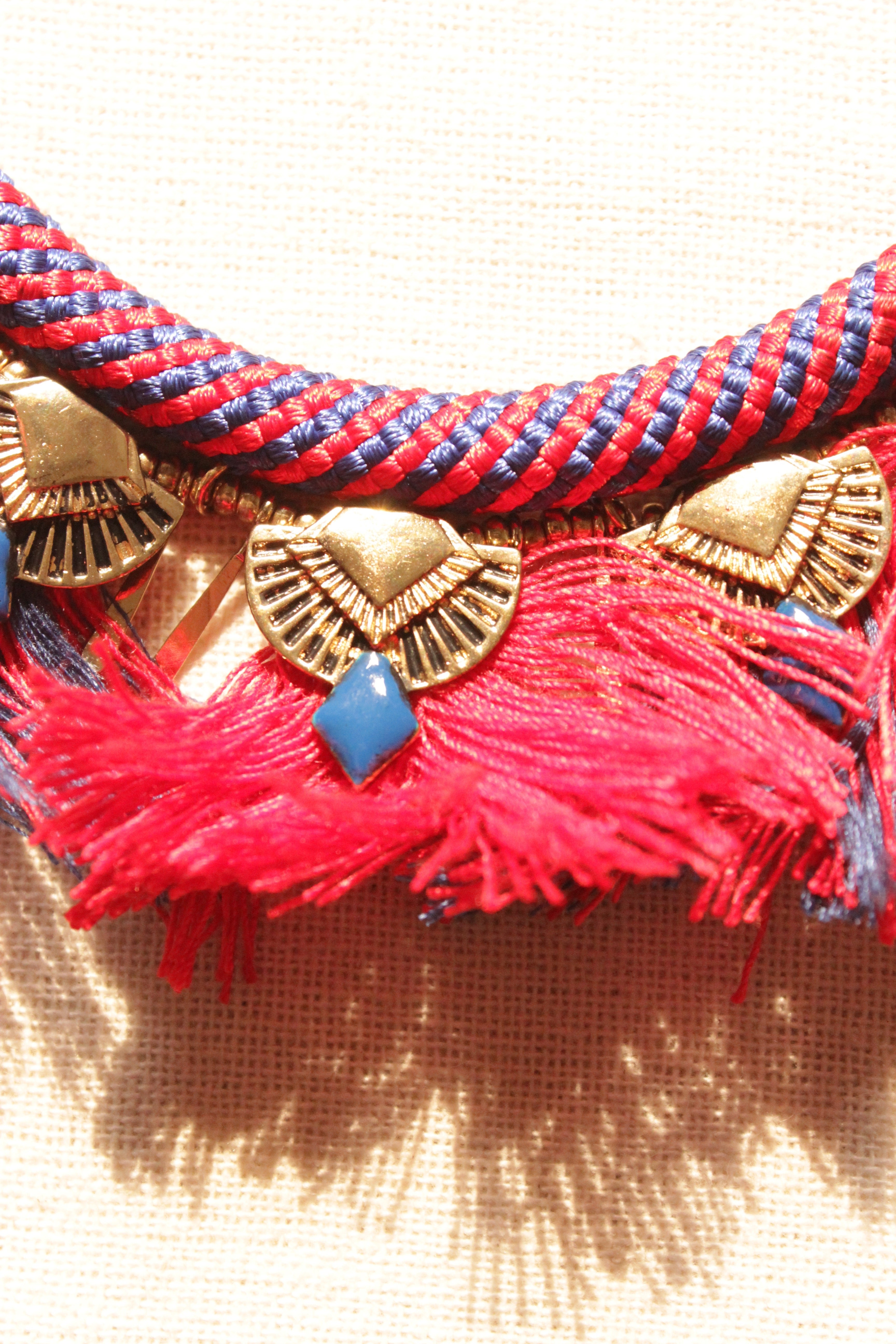Braided Fabric Threads, Pom Pom and Metal Charms Handmade Boho Choker Necklace