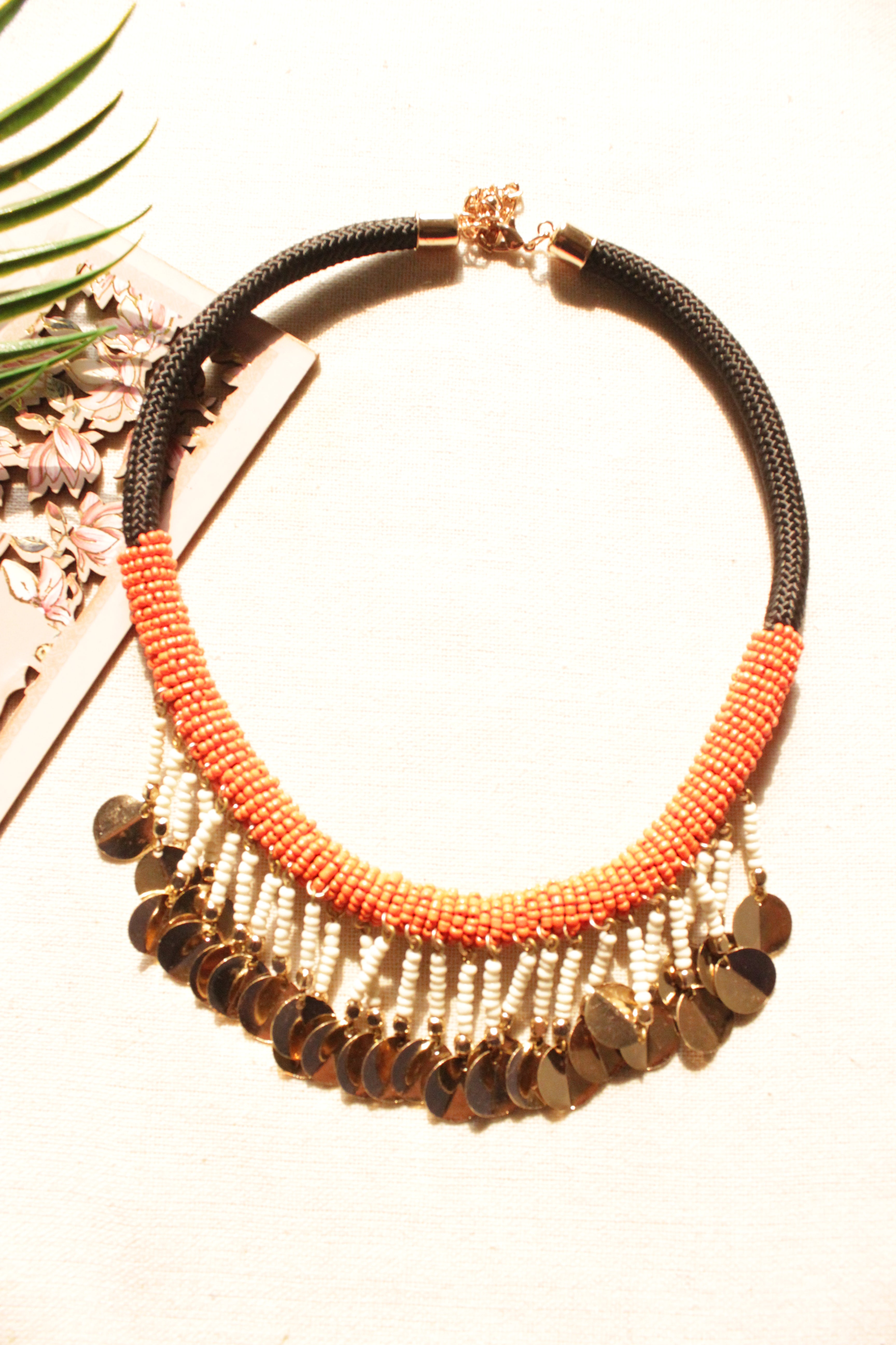 Braided Fabric Threads, Beads and Circular Metal Charms Handmade Boho Necklace