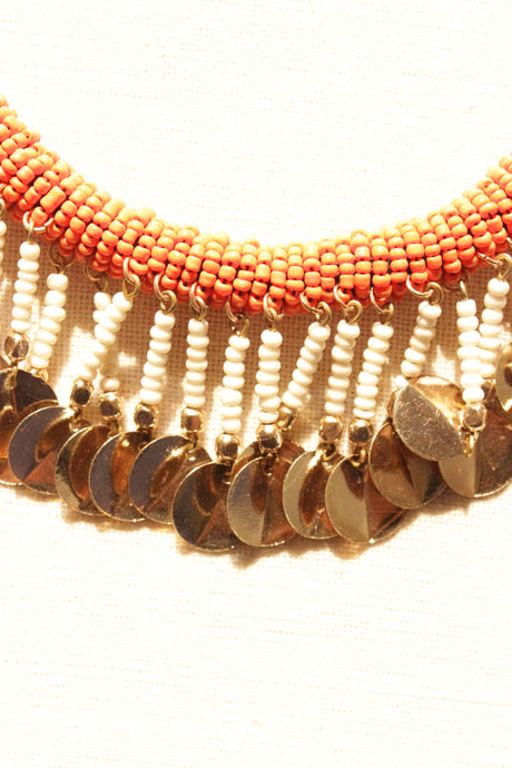 Braided Fabric Threads, Beads and Circular Metal Charms Handmade Boho Necklace