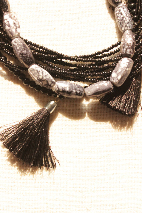 Black Beads and Stones Pom Pom Embellished Handmade Boho Necklace