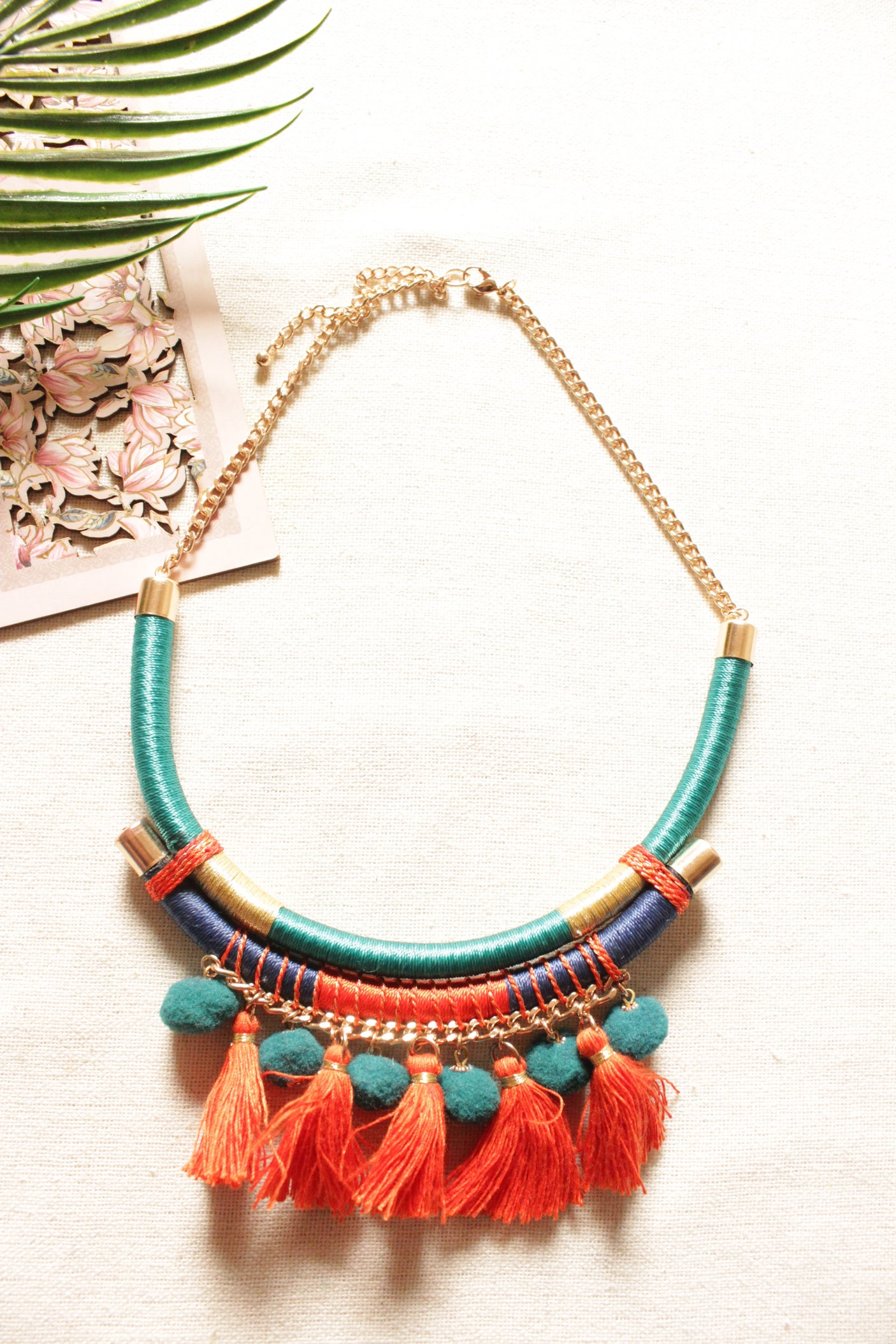 Sea Blue, Orange and Purple Hand Braided Chain Closure Boho Necklace