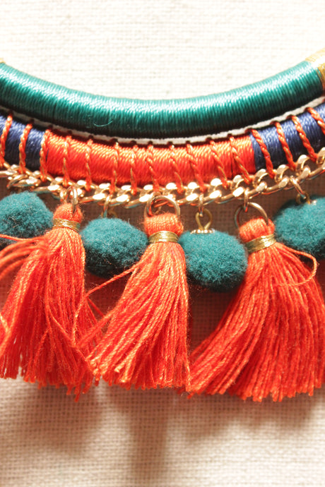 Sea Blue, Orange and Purple Hand Braided Chain Closure Boho Necklace