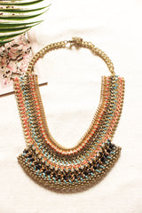 Fabric Threads, Metal Charms and Rhinestones Hand Braided Elaborate Necklace