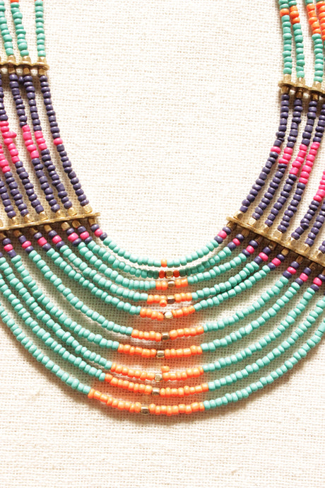 Shades of Blue and Pink Hand Beaded Multi-Layer Necklace