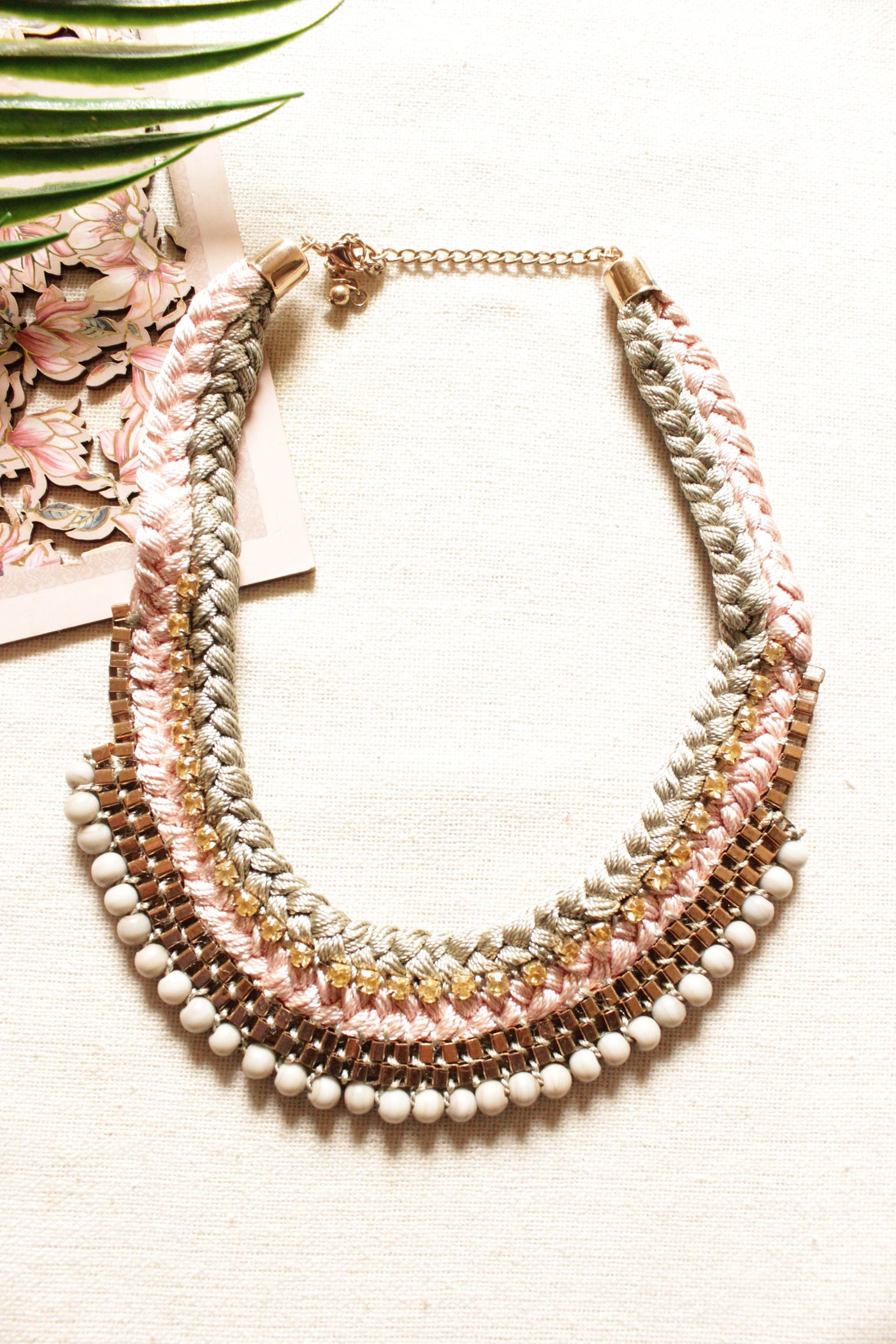 Muted Tones Braided Fabric Threads and Bronze Metal Charms Handmade Elaborate Necklace