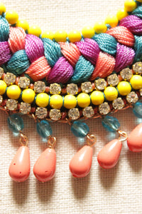 Multi-Color Braided Fabric Threads, Beads and Glass Stones Handmade Elaborate Necklace