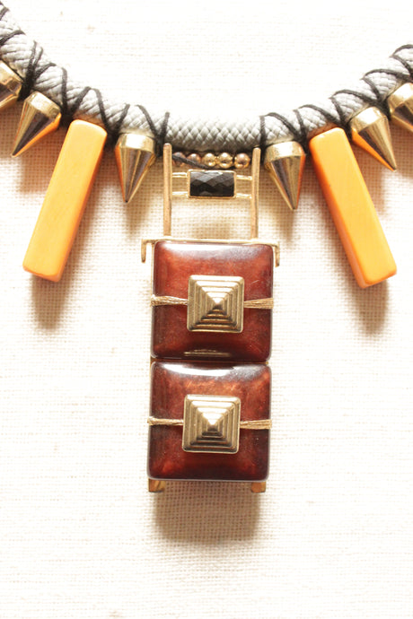 Metal Charms, Wood and Stones Braided in a Rope Closure Handmade Boho Necklace