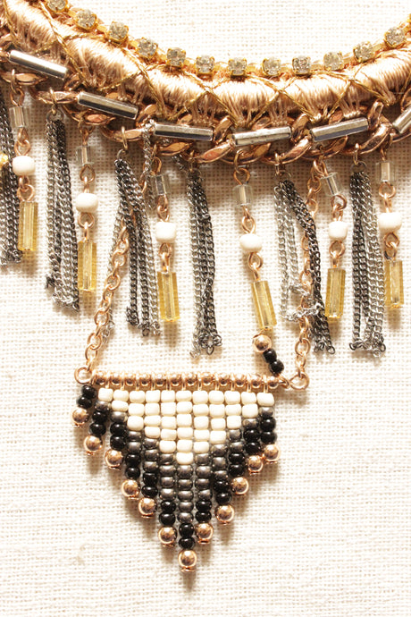 Jute Threads, Metal Chains and Beads Handmade Boho Necklace