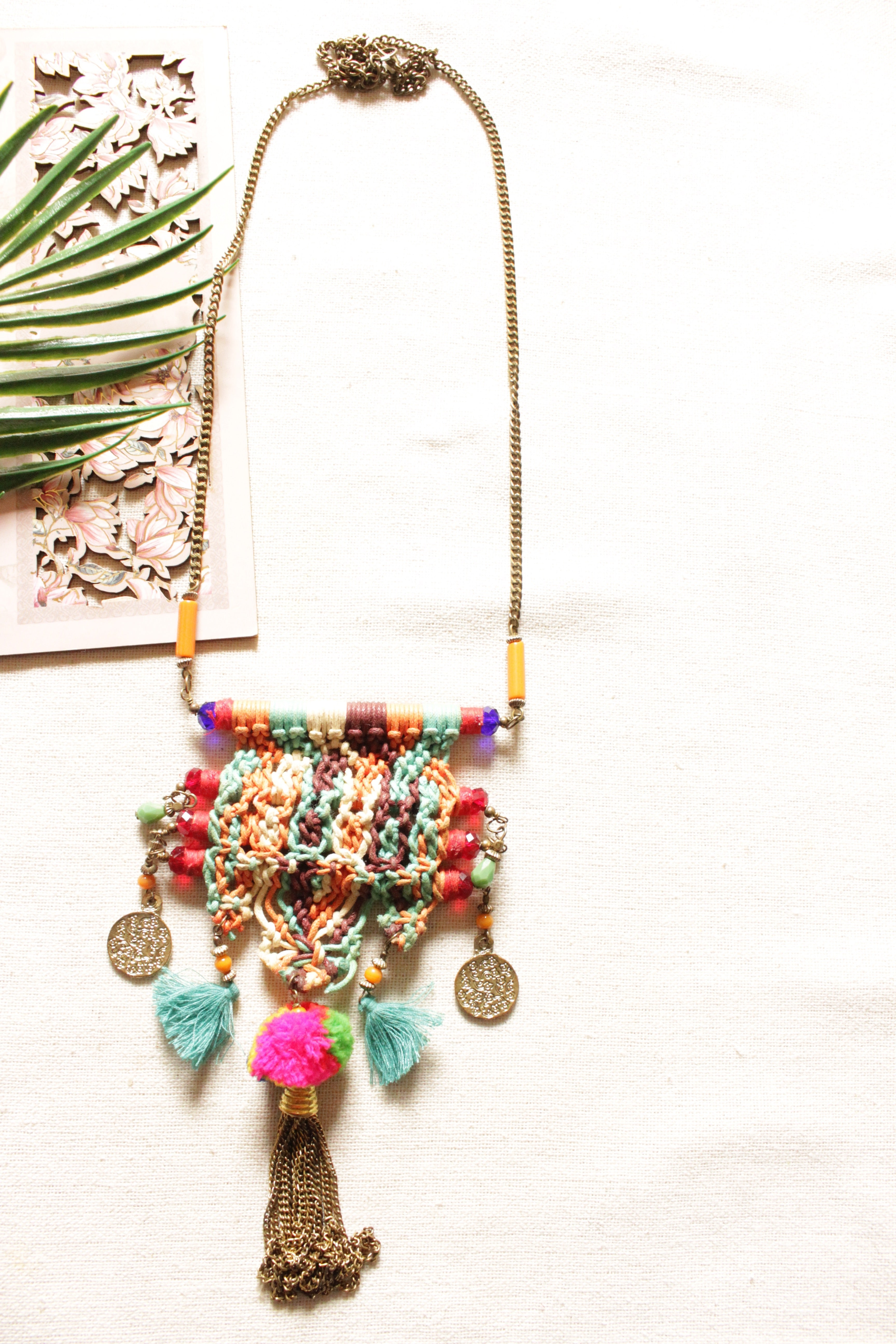 Cross-Stitched Crochet Fabric Threads and Pom Pom Chain Closure Necklace